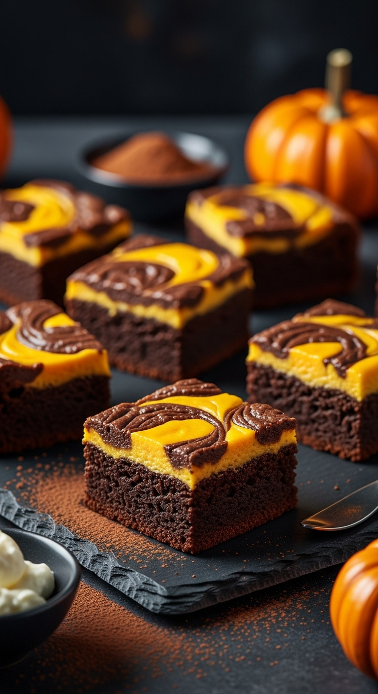 Photorealistic Fudgy Pumpkin Cream Cheese Swirl Brownies On Dark Slate Board Moody Side Lighting Blurred Background Vertical Portrait