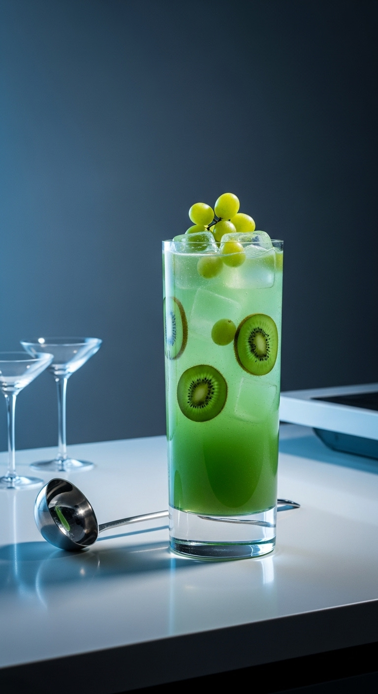 Photorealistic Ghastly Green Ectoplasm Punch In Modern Glass Bowl With Floating Green Grapes And Kiwi Slices Cool Blue Backlighting Sci-Fi Ghostly