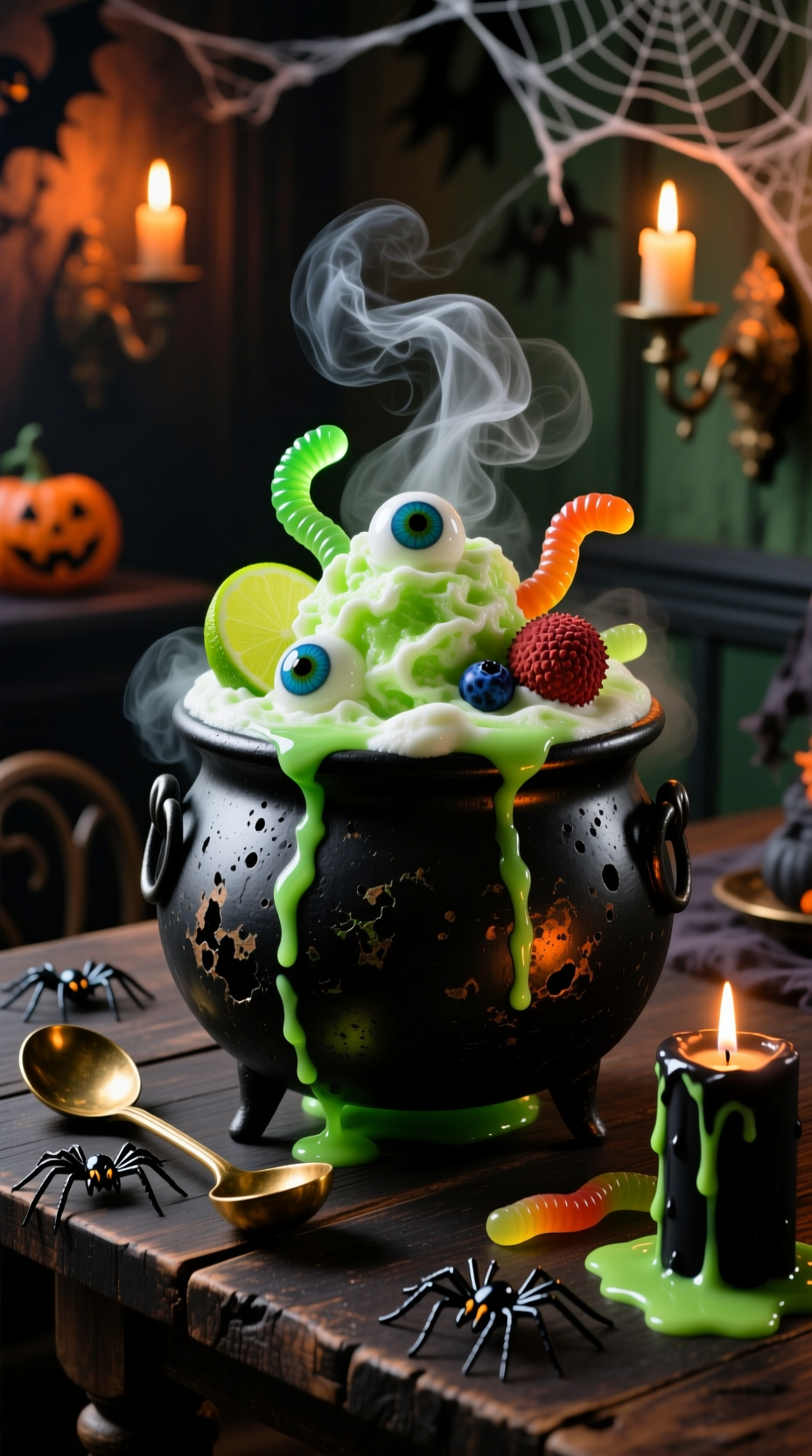Photorealistic Ghoulish Green Witch's Brew Punch In Black Cauldron With Lime Sherbet Gummy Worms Lychee Eyeballs And Dry Ice Fog Moody Light