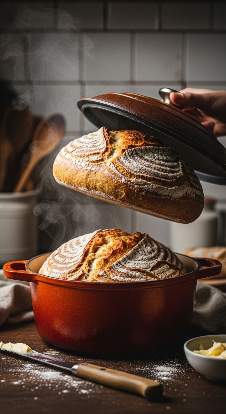 Photorealistic Golden Crusty No-Knead Bread Lifted From Cast Iron Dutch Oven Rustic Kitchen Warm Moody Light Vertical Portrait