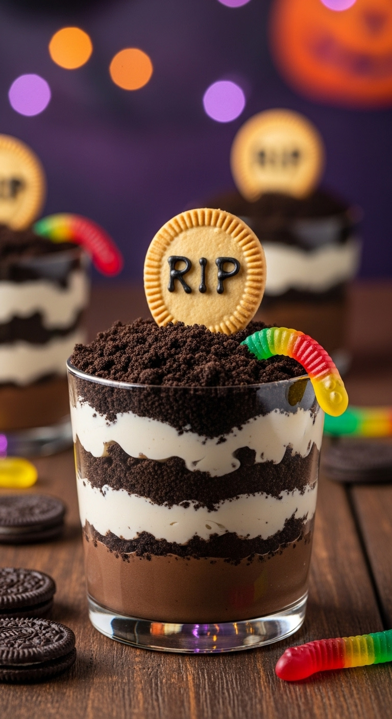 Photorealistic Graveyard Pudding Cup With Chocolate Pudding Oreo Dirt Milano Cookie Tombstone And Gummy Worm Moody Light Spooky Delicious
