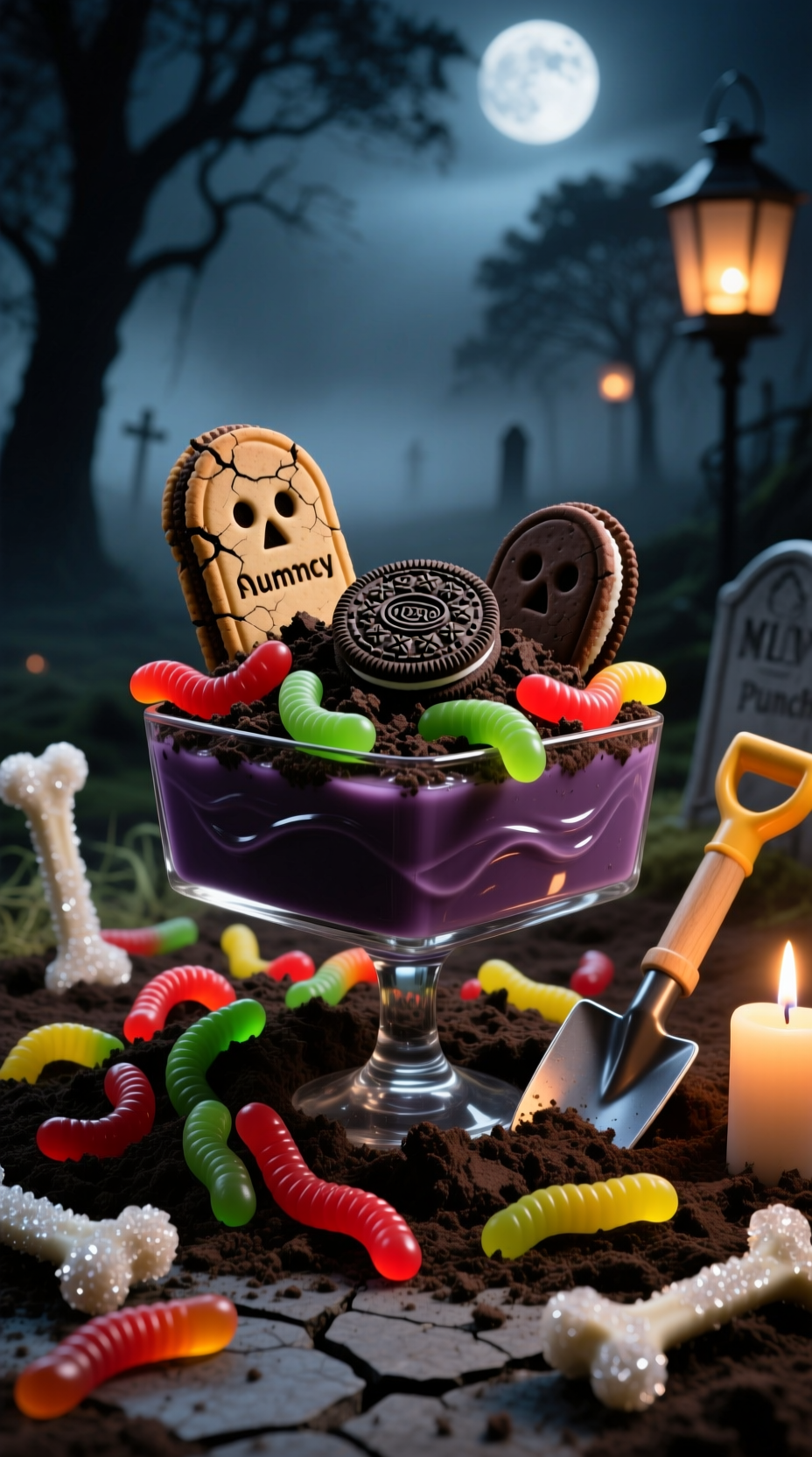 Photorealistic Gummy Worm Graveyard Punch In Glass Trifle Bowl With Crushed Oreo Dirt Gummy Worms And Milano Cookie Tombstones Moody Light Creepy