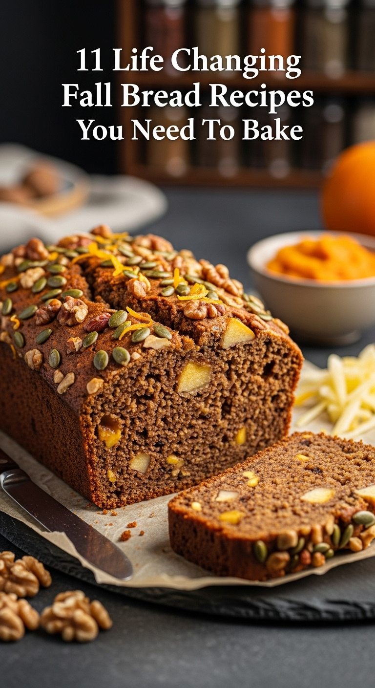 Photorealistic Harvest Spice Quick Bread With Nuts Seeds Apple Orange Zest Dark Slate Surface Golden Hour Light Blurred Spice Rack Vertical