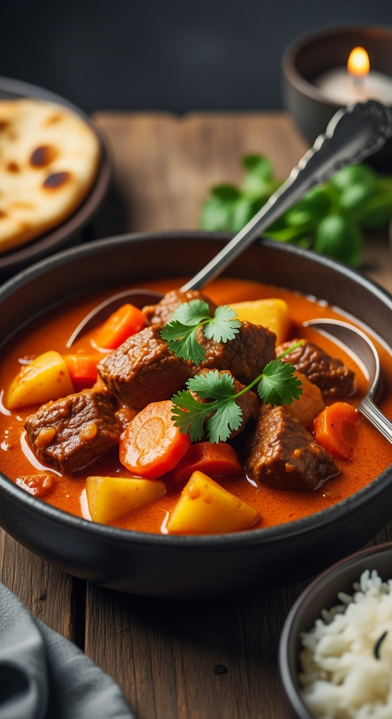 Photorealistic Hearty Slow Cooker Beef Curry With Carrots Potatoes Cilantro Naan And Rice On A Rustic Wood Table