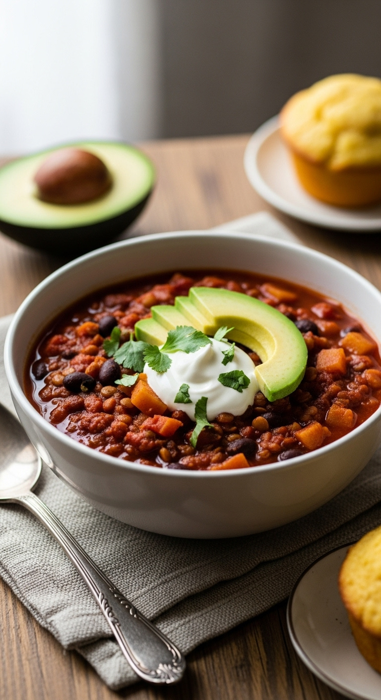 Photorealistic High Protein Lentil And Black Bean Chili With Sour Cream Avocado And Cilantro On A Linen Napkin With Cornbread