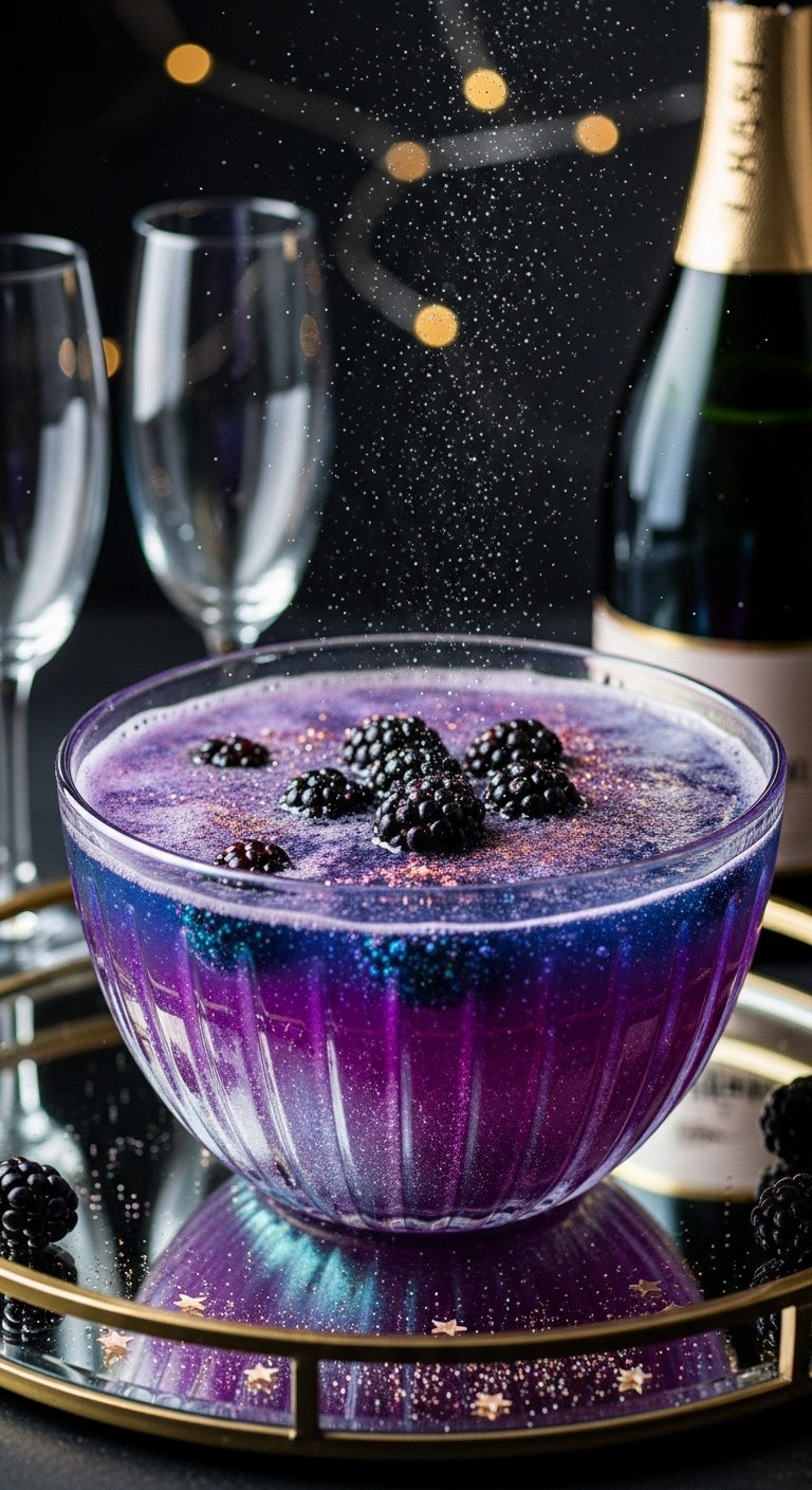 Photorealistic Iridescent Glass Punch Bowl Filled With Shimmering Purple And Blue Fizzy Hocus Pocus Punch With Blackberries And Edible Glitter Magical