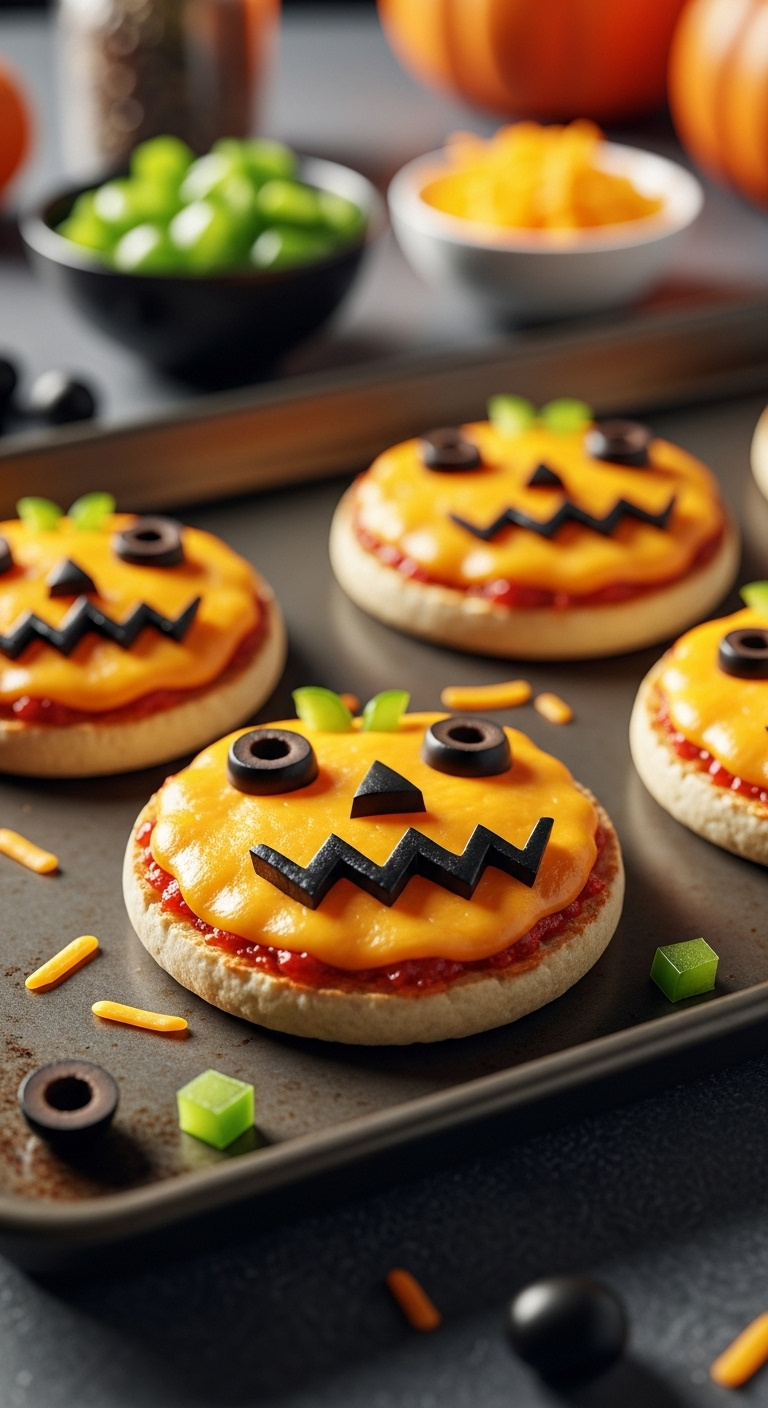 Photorealistic Jack-O-Lantern Mini Pizzas On English Muffin Halves With Cheddar Cheese Black Olive And Green Bell Pepper Faces Warm Inviting Light
