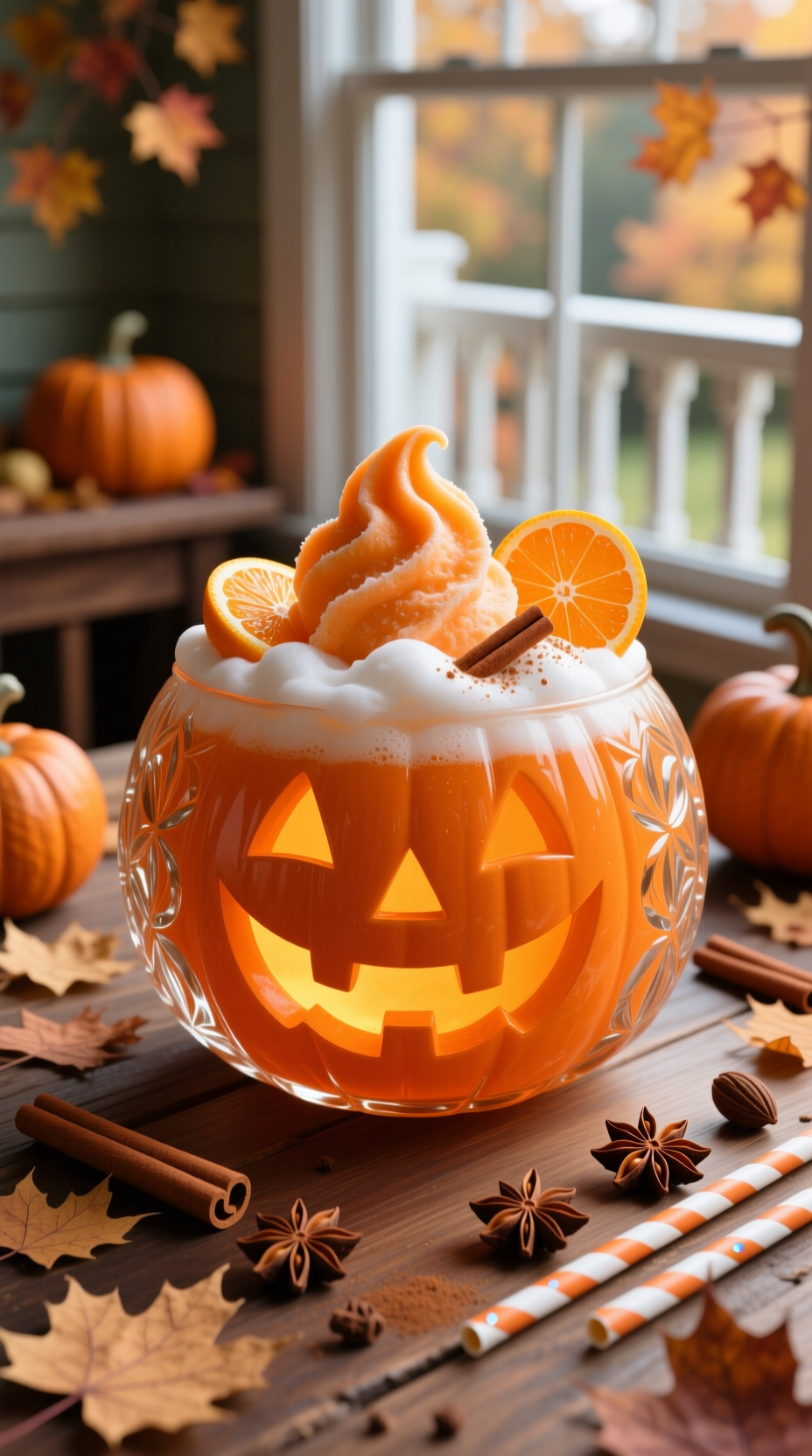 Photorealistic Jack-O-Lantern Punch Bowl Filled With Vibrant Orange Punch Frothy Sherbet Orange Slices And Cinnamon Rustic Autumn Setting