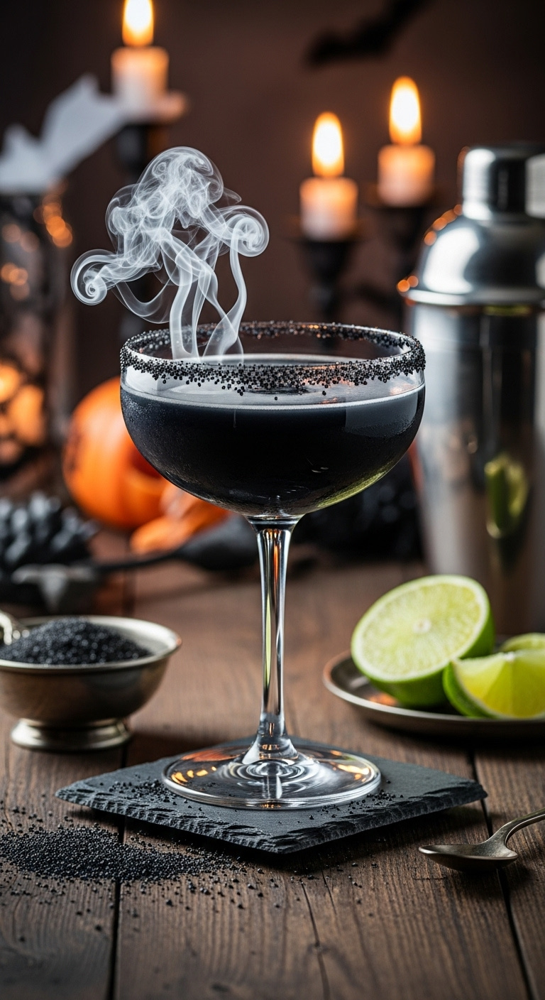 Photorealistic Jet-Black Margarita In Coupe Glass With Black Sugar Rim And Dry Ice Smoke On Slate Coaster Dark Rustic Table Moody Light