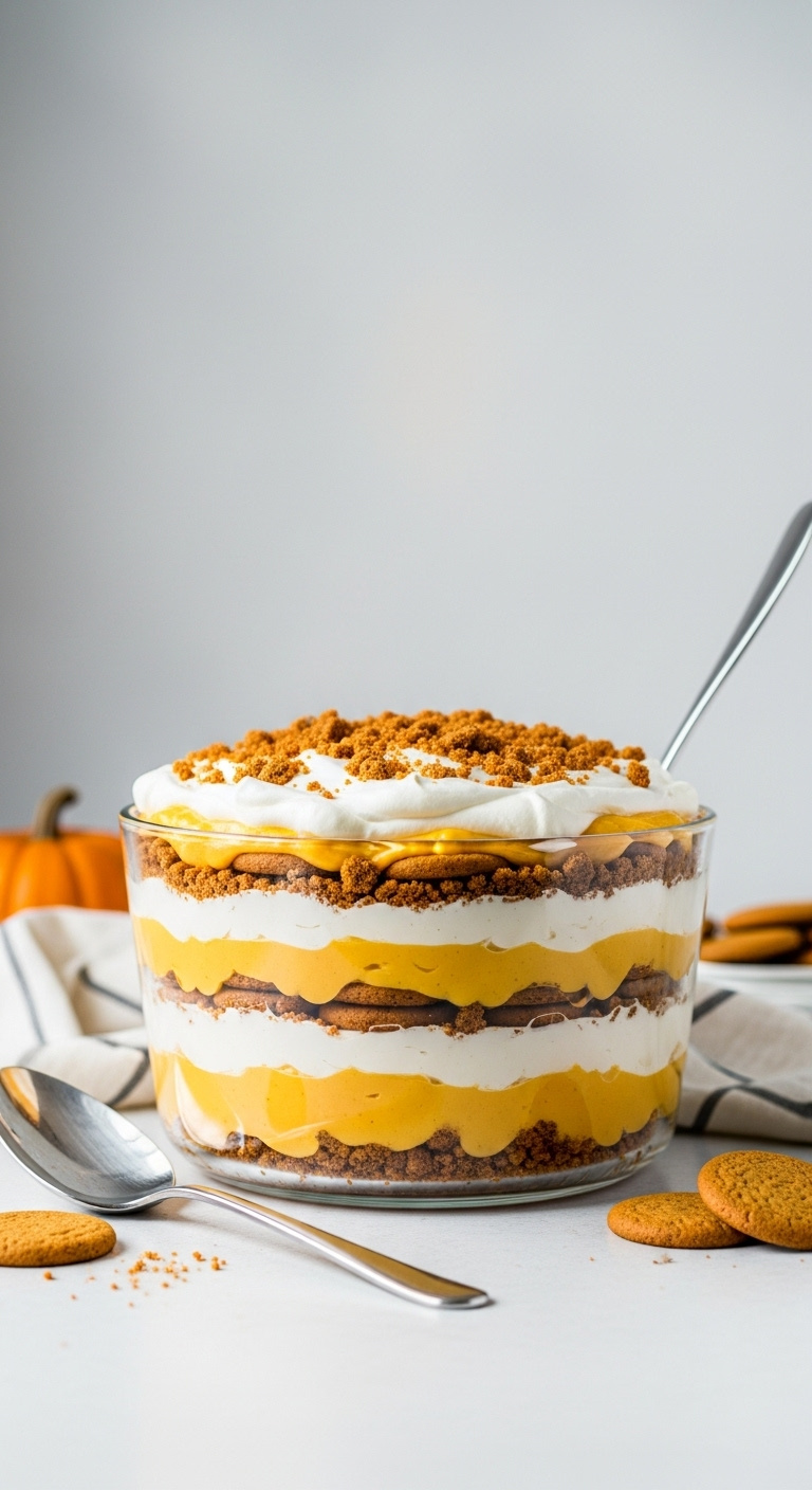 Photorealistic Layered Pumpkin Trifle In Glass Bowl With Gingersnap Cookies Whipped Cream And Pumpkin Pudding Bright Airy Light Elegant