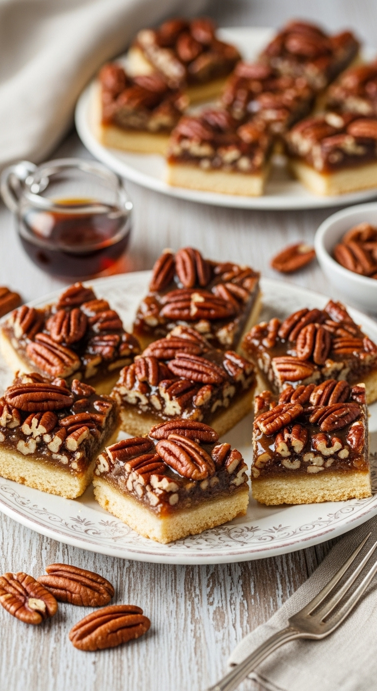 Photorealistic Maple Pecan Pie Bars On Vintage Plate With Gooey Filling Toasted Pecans Rustic Wood Background Soft Warm Light Vertical Portrait