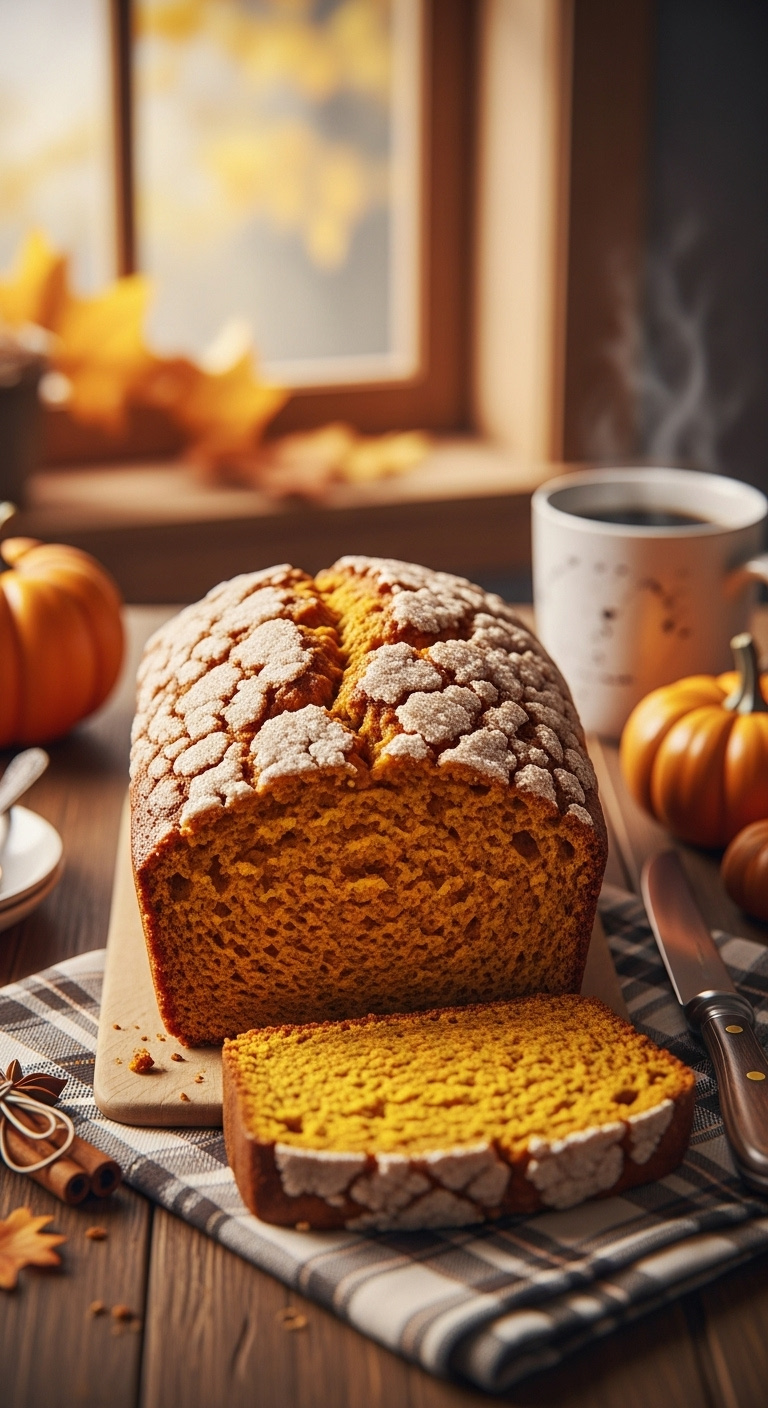 Photorealistic Moist Pumpkin Bread Loaf With Crackled Sugar Top Cut Slice Rustic Wood Table Window Autumn Leaves Cozy Mood Vertical Portrait