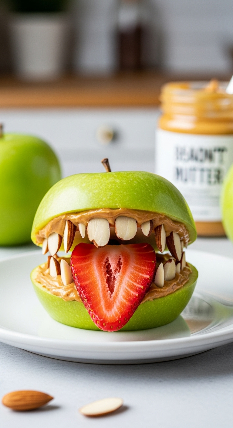Photorealistic Monster Apple Bites With Green Apple Slices Peanut Butter Strawberry Tongue And Slivered Almond Teeth On White Plate Bright Light