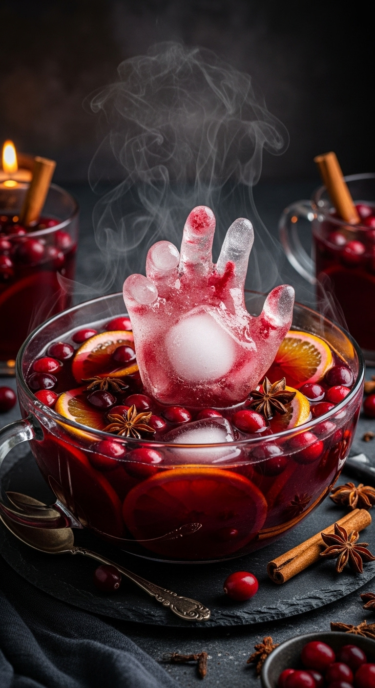 Photorealistic Mulled Cranberry Blood Bath Punch With Frozen Ice Hand Whole Cranberries Orange Slices And Star Anise Warm Low Key Lighting