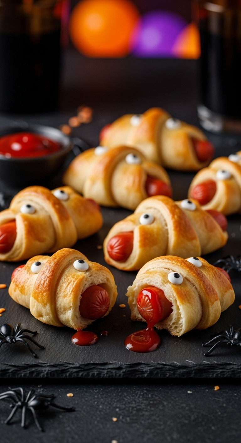 Photorealistic Mummy Dogs On Slate Platter With Ketchup And Spiders For Halloween Party