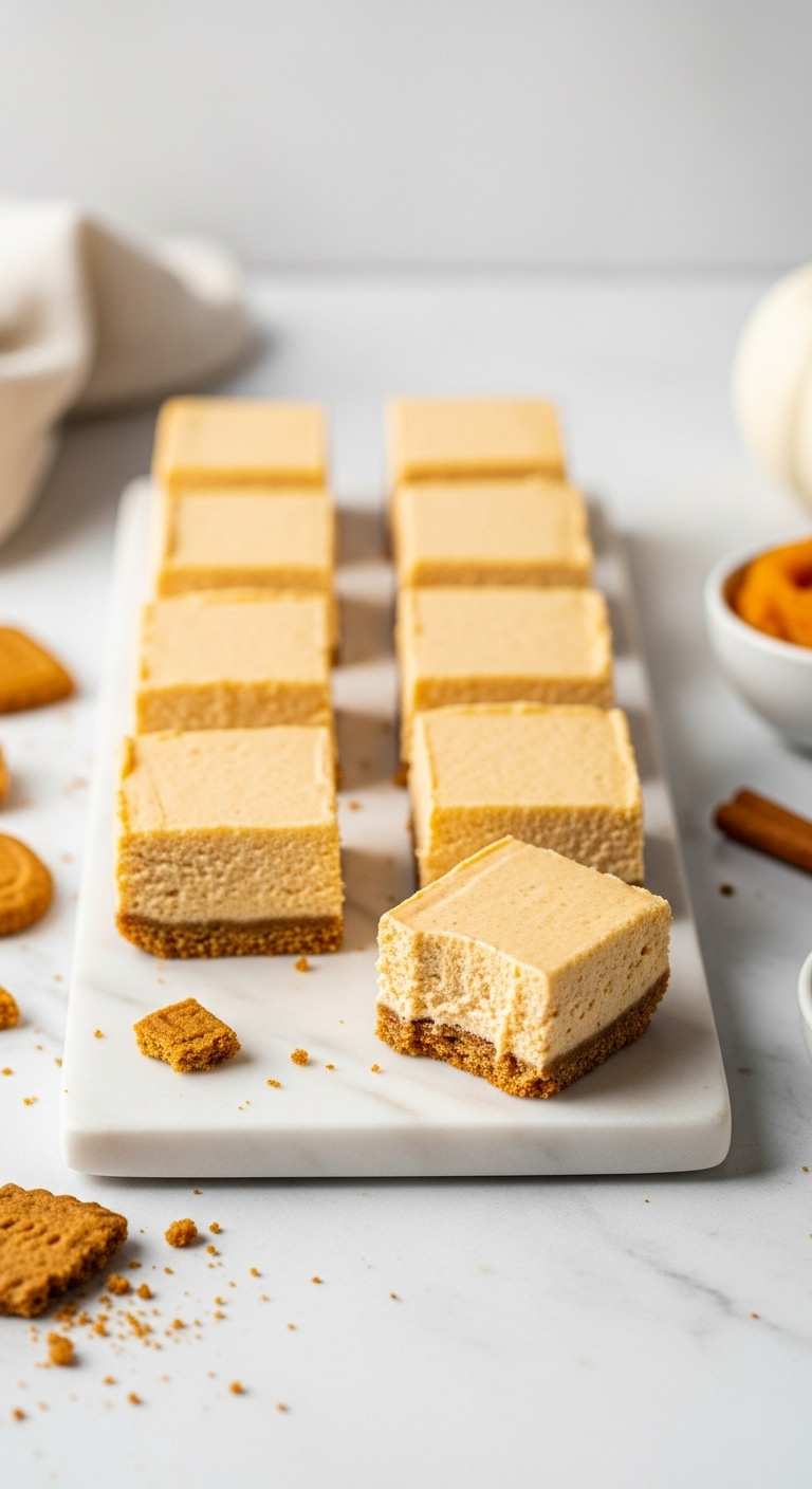 Photorealistic No-Bake Pumpkin Cheesecake Bars On Marble Platter With Gingersnap Crust Bright Studio Light Minimalist Background Vertical Portrait