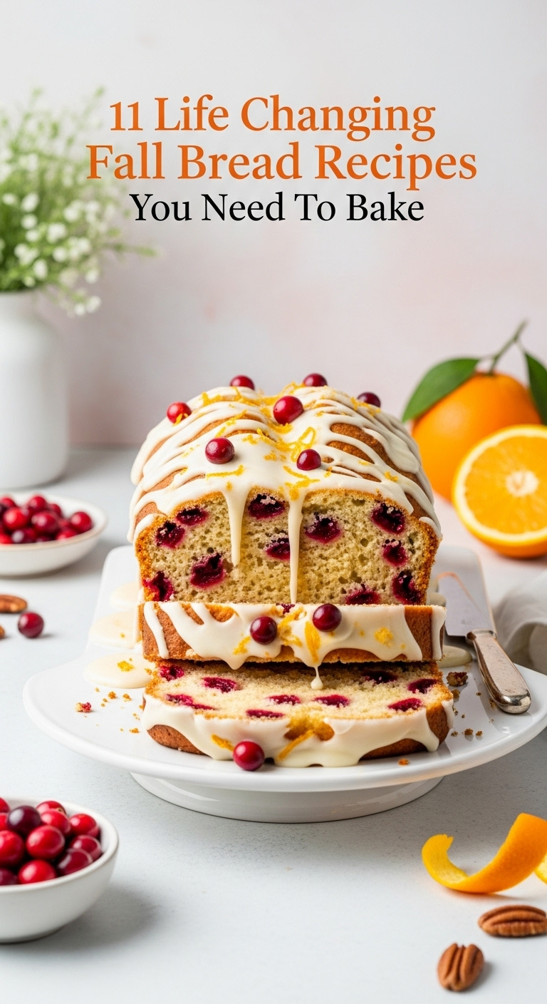 Photorealistic Orange-Glazed Cranberry Bread Sliced Showing Cranberries Orange Zest White Cake Stand Bright Studio Light Minimalist Wall Vertical Portrait