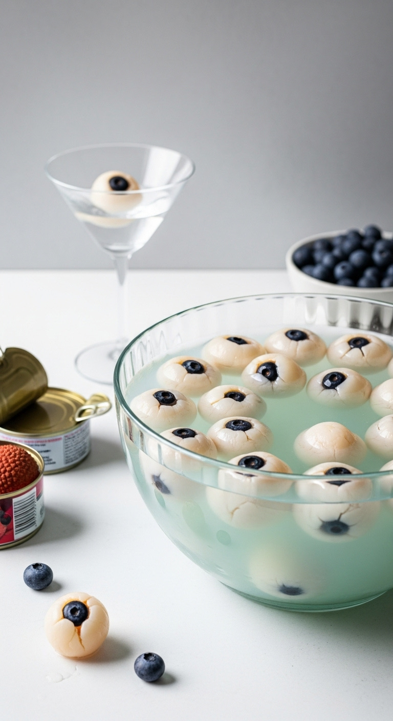 Photorealistic Pale Bluish Rickety Eyeball Punch With Lychee And Blueberry Eyeballs Floating In An Elegant Clear Glass Bowl Creepy Sophisticated