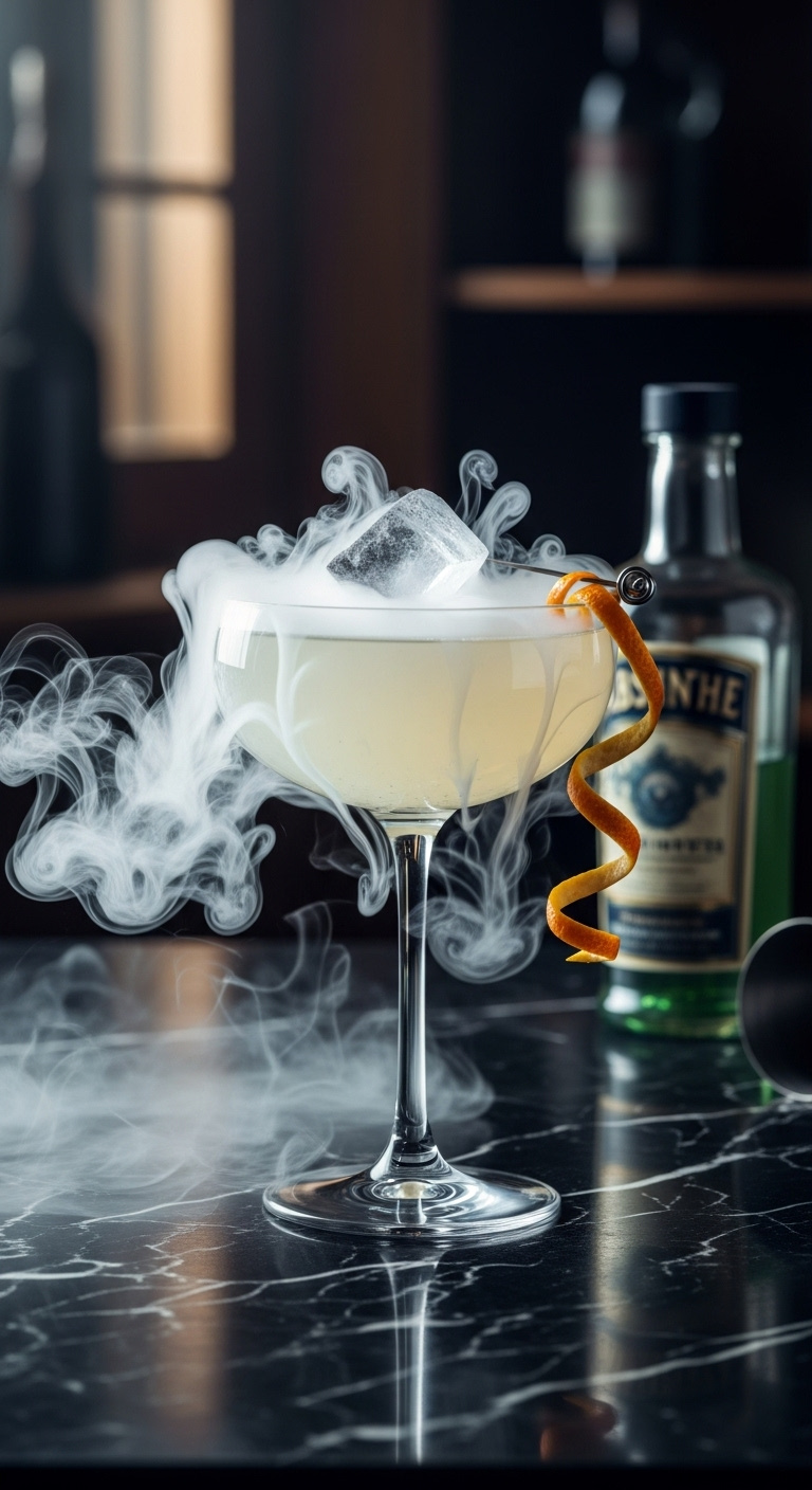 Photorealistic Pale Yellow Smoking Corpse Reviver Cocktail In Chilled Coupe Glass With Dry Ice Fog On Black Marble Surface Moody Light