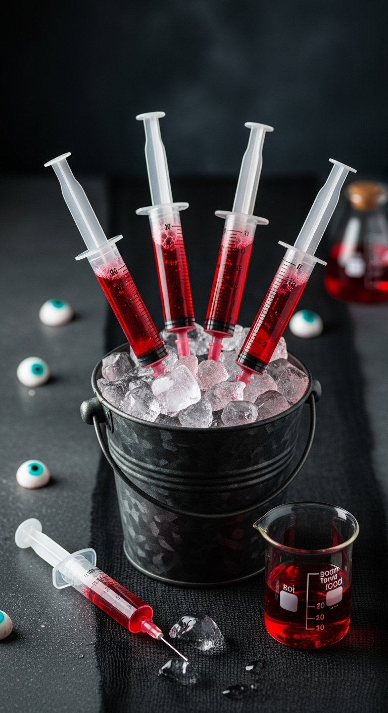 Photorealistic Plastic Shot Syringes Filled With Blood-Red Liquid Standing In Crushed Ice In A Metal Bucket Dark Moody Light Creepy