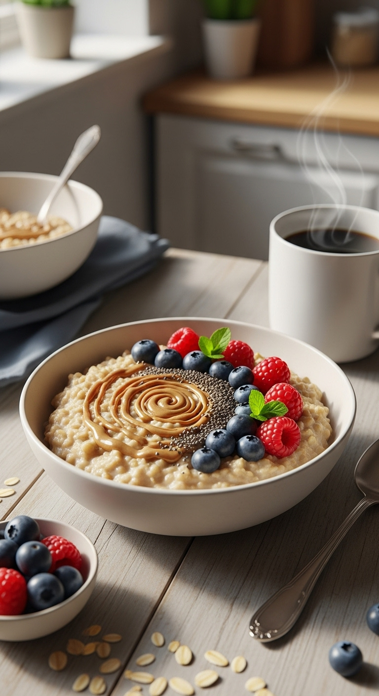 Photorealistic Protein Packed Steel Cut Oats With Almond Butter Chia Seeds Blueberries And Raspberries On A Rustic Wood Table With Coffee