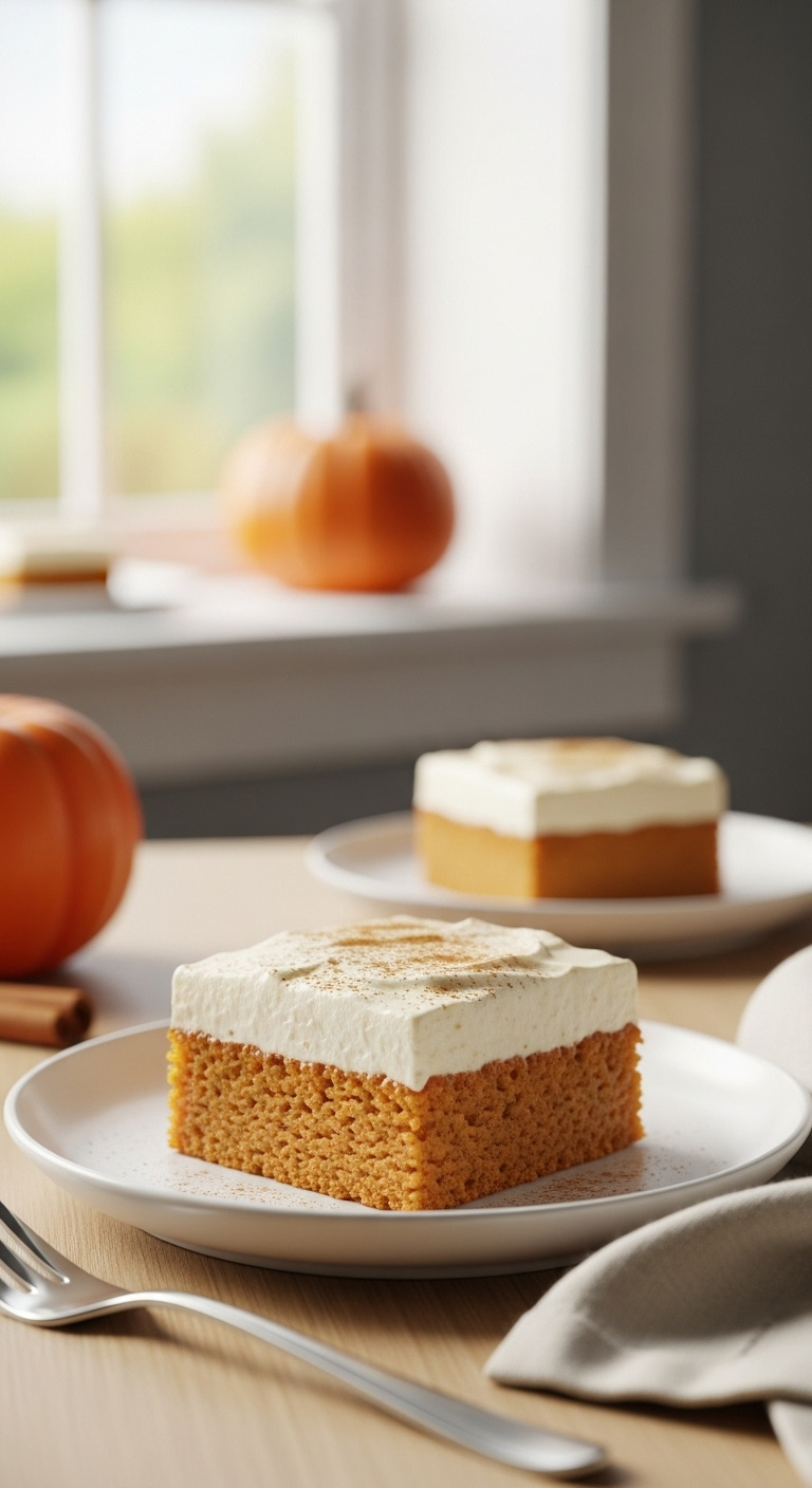 Photorealistic Pumpkin Bar With Cream Cheese Frosting And Cinnamon On A White Plate Light Wood Surface Bright Natural Light