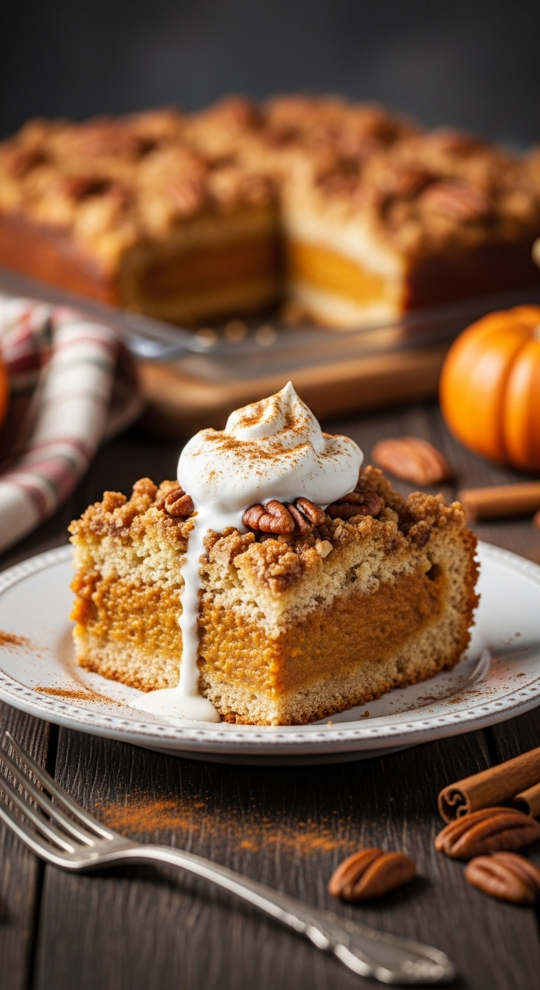 Photorealistic Pumpkin Spice Dump Cake Slice With Pecans Whipped Cream On Rustic Plate Dark Wood Table Natural Light Autumn Tablescape