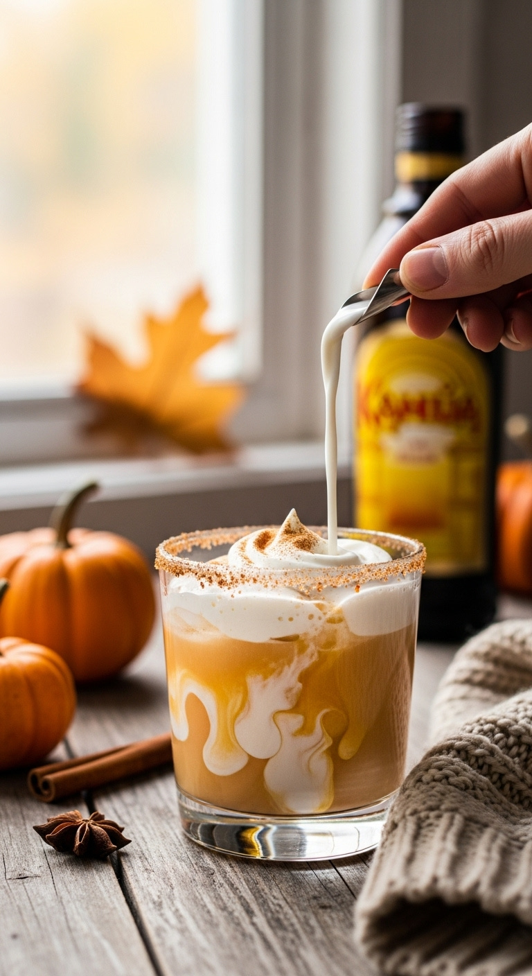 Photorealistic Pumpkin Spice White Russian Cocktail In Rocks Glass With Cream Swirls And Cinnamon Sugar Rim On Wooden Table Cozy Autumn