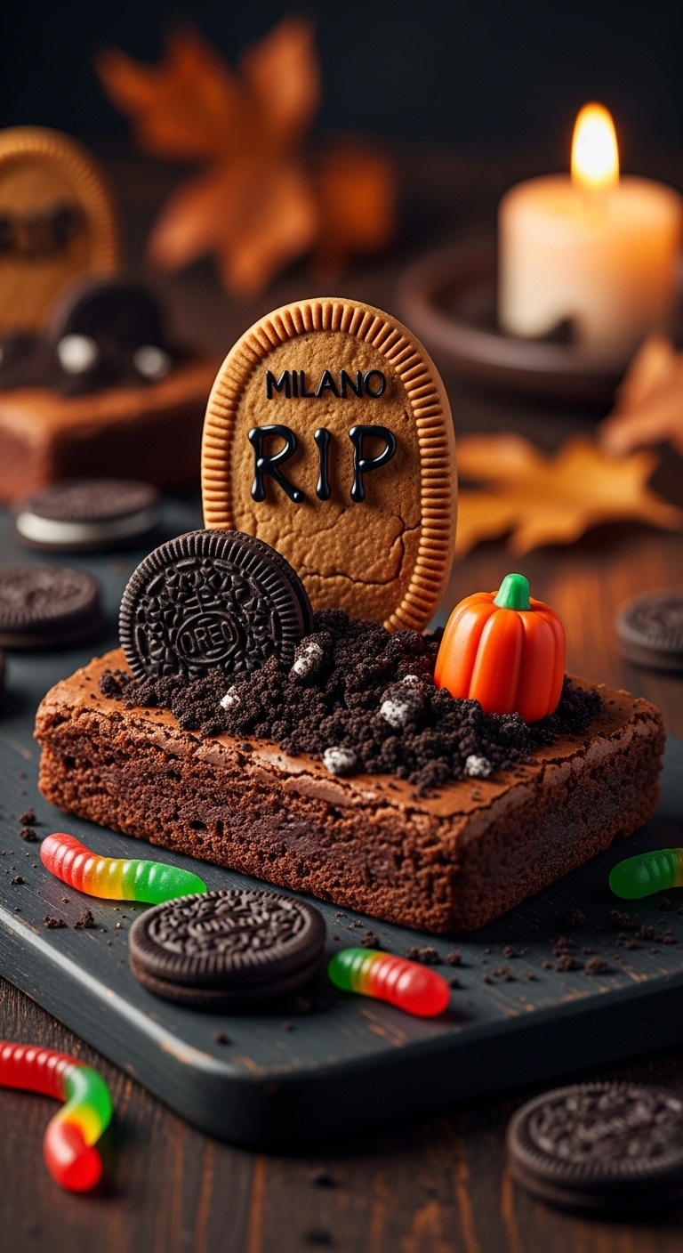 Photorealistic Rectangular Brownie Decorated As A Graveyard With Milano Cookie Headstone Oreo Dirt Candy Pumpkin And Gummy Worms Dark Wood