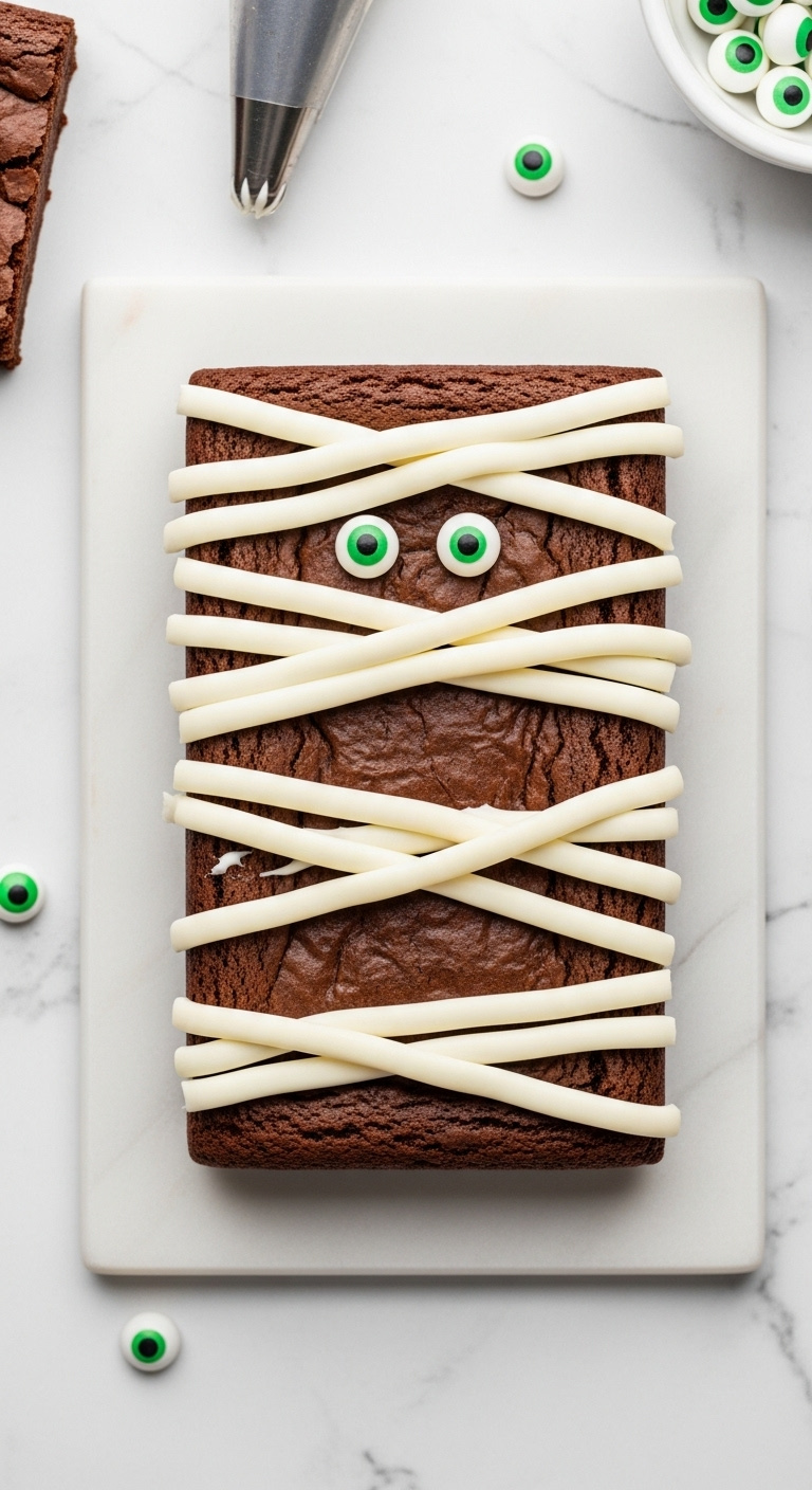 Photorealistic Rectangular Brownie Decorated As A Mummy With White Frosting Bandages And Candy Eyeballs On White Marble Countertop Bright Light