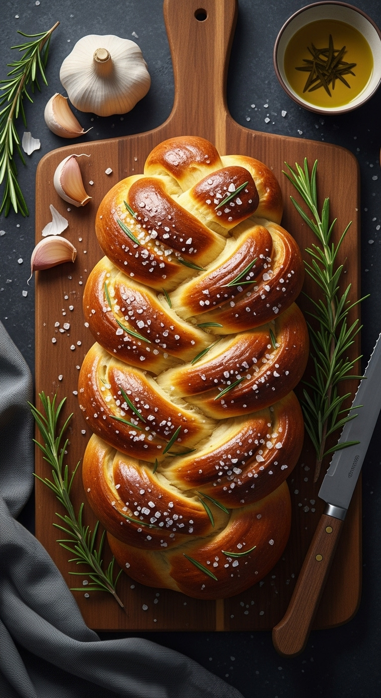 Photorealistic Rosemary Garlic Savory Braided Bread With Sea Salt Fresh Rosemary Wooden Cutting Board Dark Textured Surface Warm Afternoon Light Vertical