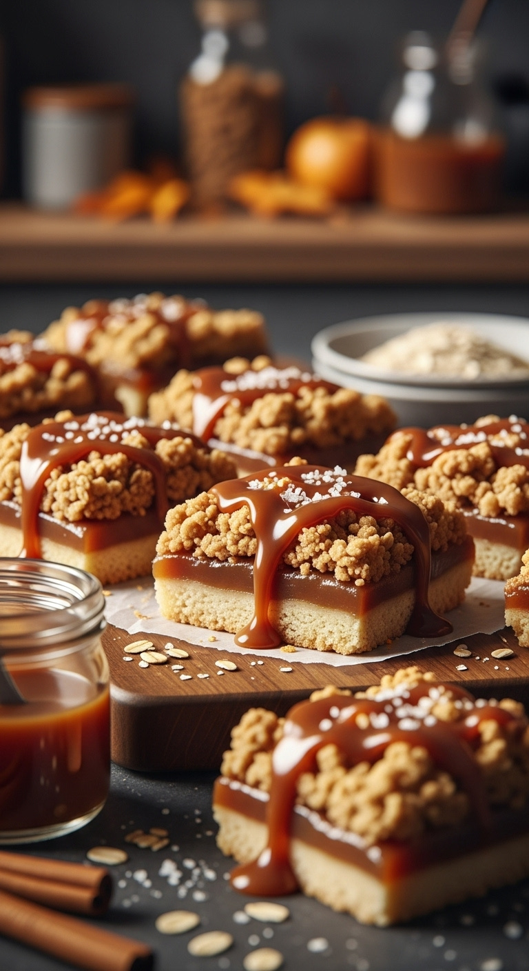 Photorealistic Salted Caramel Apple Crumble Bars On Rustic Cutting Board With Caramel Sauce Sea Salt And Rolled Oats Warm Moody Light