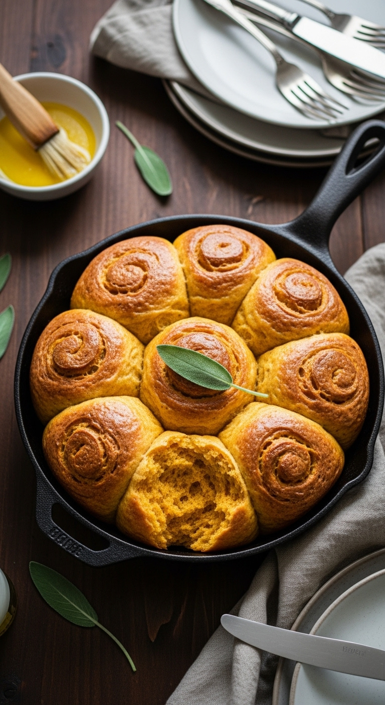 Photorealistic Savory Pumpkin Dinner Rolls With Sage In Cast Iron Skillet Soft Natural Window Light Dark Wooden Dining Table Vertical Portrait
