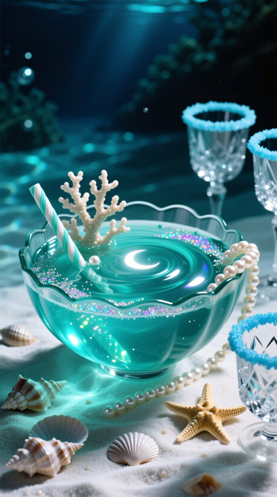 Photorealistic Shimmering Mermaid Lagoon Punch In Scalloped Glass Bowl With Iridescent Shimmer And Rock Candy Coral Mystical Enchanting