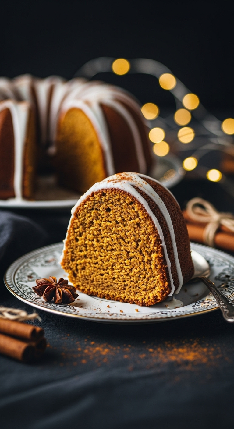 Photorealistic Slice Of Pumpkin Bundt Cake With Cream Cheese Glaze On A Decorative Plate With Cinnamon Sticks Warm Festive Light