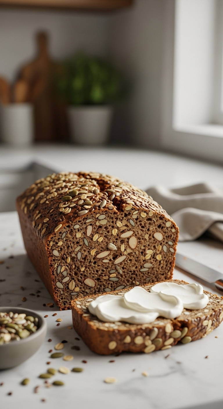 Photorealistic Sliced Nut And Seed Bread With Cream Cheese On Marble Countertop Soft Natural Window Light Blurred Kitchen Vertical Portrait