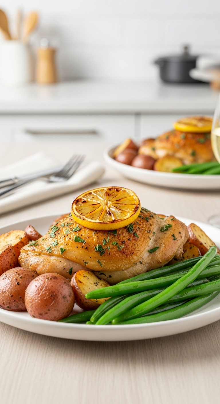 Photorealistic Slow Cooker Lemon Herb Chicken And Veggies With Red Potatoes Green Beans And Lemon On A White Plate With Cutlery