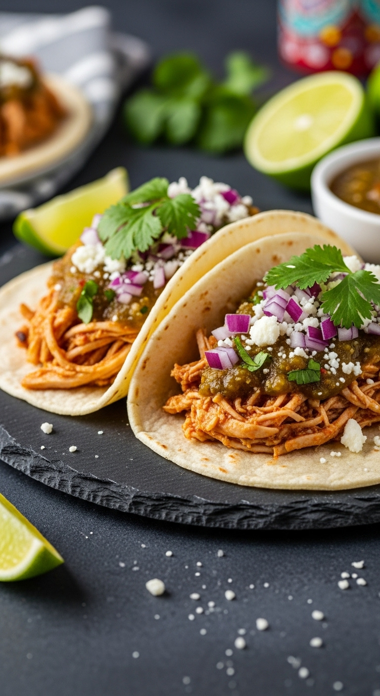 Photorealistic Slow Cooker Salsa Verde Chicken Street Tacos With Cilantro Red Onion And Cotija Cheese On A Slate Platter
