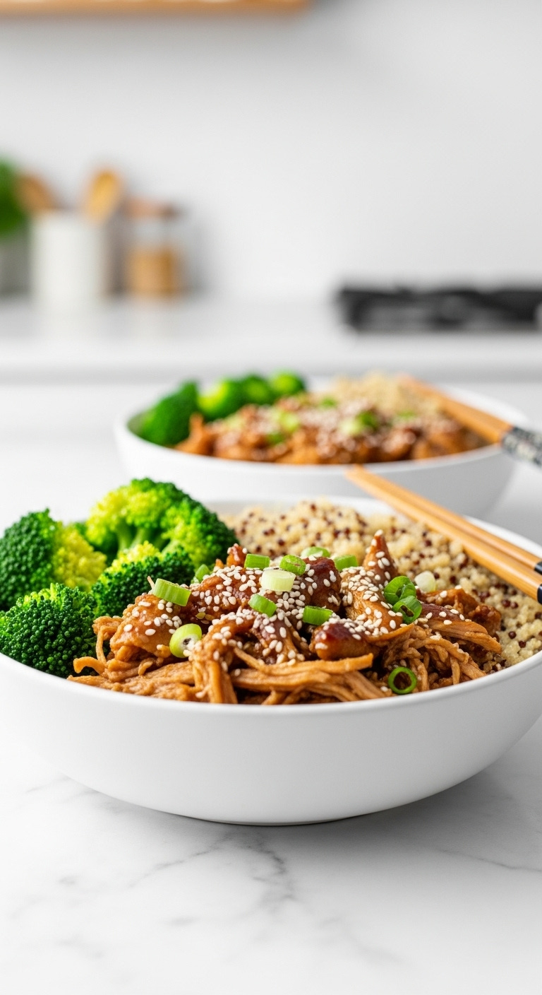 Photorealistic Slow Cooker Sesame Chicken Meal Prep Bowl With Quinoa And Broccoli On A Marble Counter In A Minimalist Kitchen