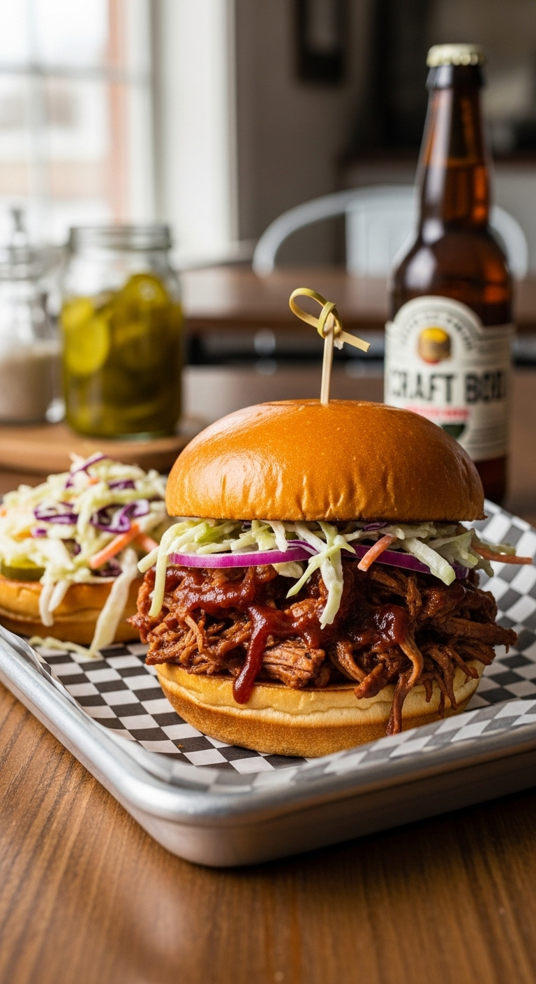 Photorealistic Slow Cooker Shredded Bbq Beef Sandwich With Coleslaw On A Metal Tray With Pickles And Craft Beer