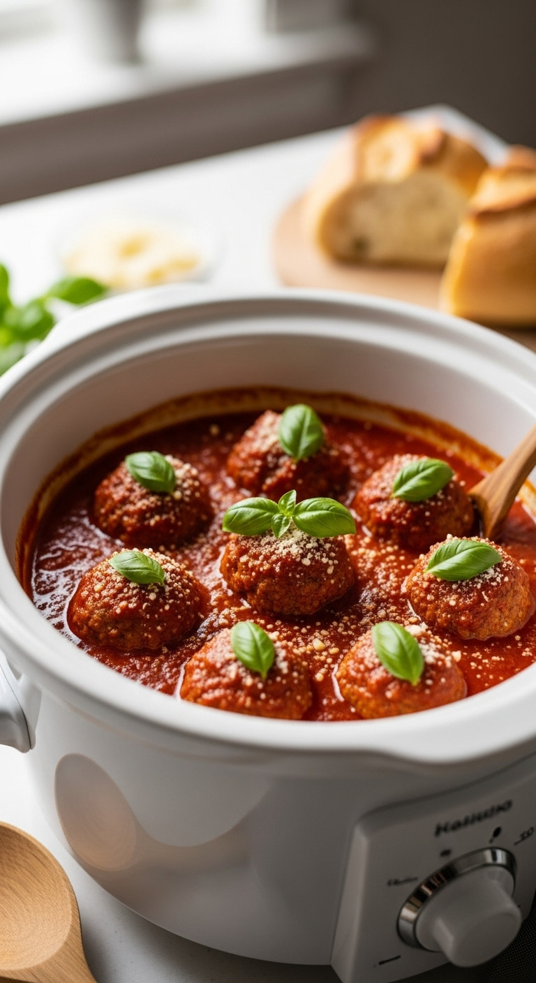Photorealistic Slow Cooker Turkey Meatballs In Marinara Sauce With Basil And Parmesan In A White Pot On A Kitchen Counter