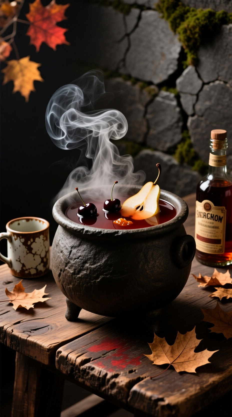 Photorealistic Smoking Cauldron Punch With Dark Brown-Red Liquid Dry Ice Smoke Dark Cherries And Pear Slices On Rustic Wooden Table Mysterious