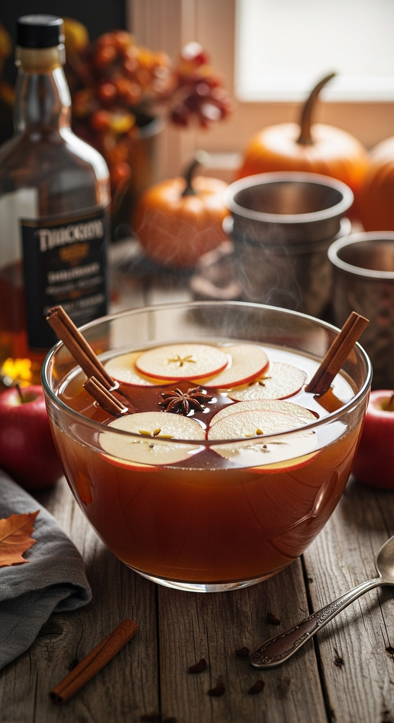 Photorealistic Spiced Poison Apple Punch In A Clear Glass Bowl With Red Apple Slices And Cinnamon Sticks On Wooden Table Cozy Autumn Light