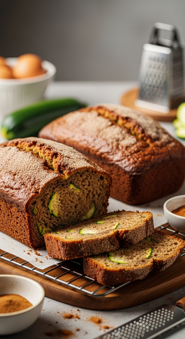 Photorealistic Spiced Zucchini Bread Loaves One Sliced Moist Texture Cinnamon Sugar Crust Wooden Cooling Rack Warm Cozy Indoor Light Vertical Portrait