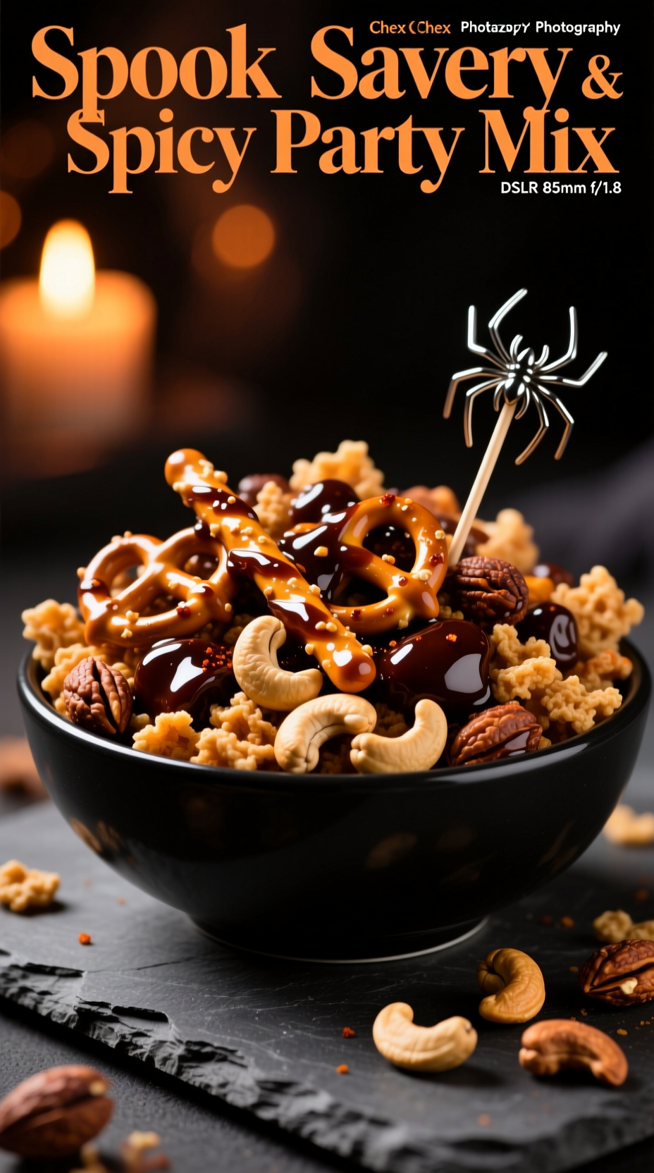 Photorealistic Spooky Savory And Spicy Chex Mix With Dark Glaze Pretzels Bugles And Cashews In Black Ceramic Bowl Moody Light Sophisticated