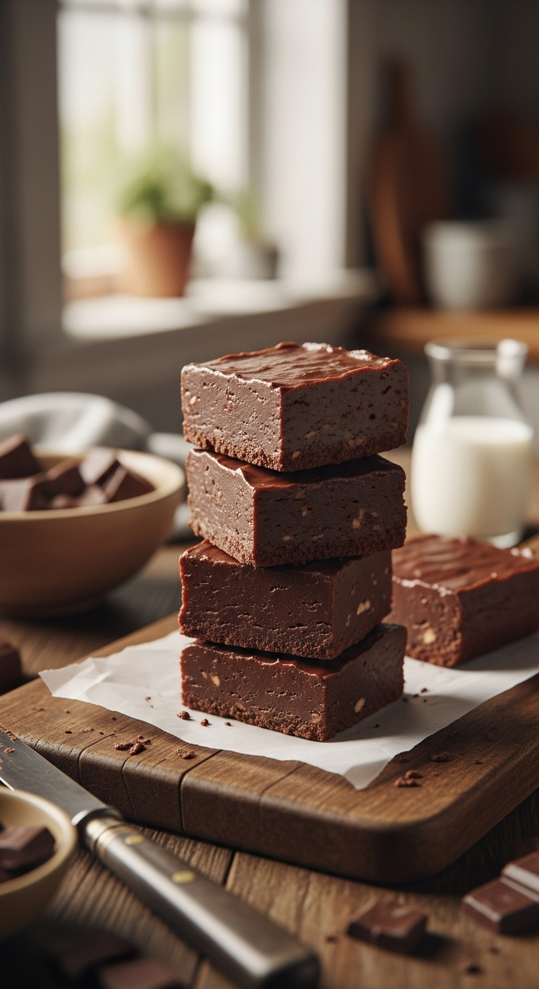 Photorealistic Stack Of Creamy Chocolate Fudge Squares On Parchment Paper Rustic Wooden Board Warm Window Light Cozy Kitchen