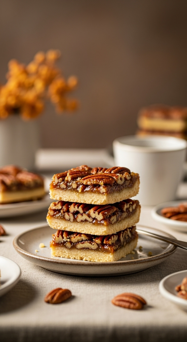 Photorealistic Stack Of Pecan Pie Bars With Shortbread Crust And Gooey Pecan Topping On Stoneware Plate Linen Tablecloth Warm Sunlight