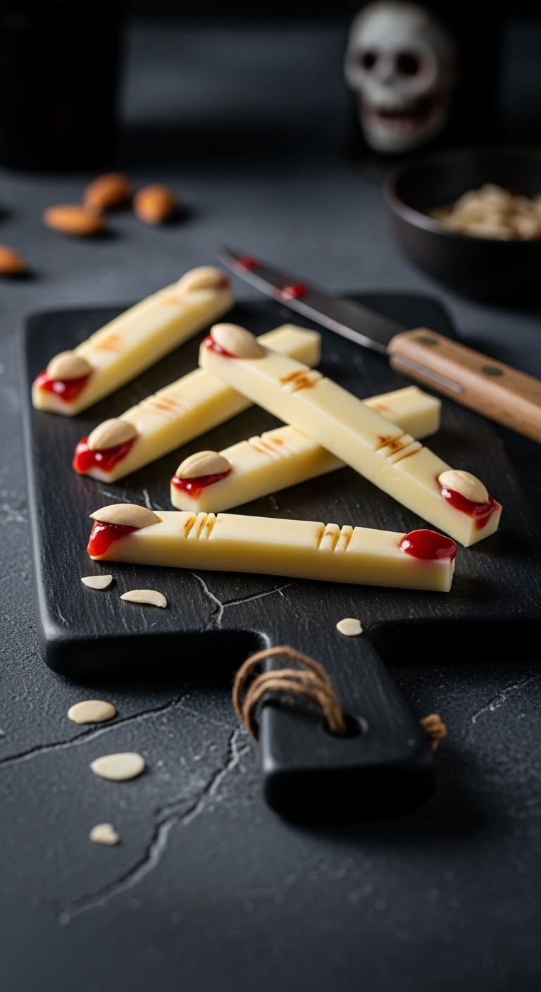 Photorealistic String Cheese Severed Fingers With Carved Knuckles Almond Fingernails And Red Gel On A Dark Slate Board Moody Light Creepy