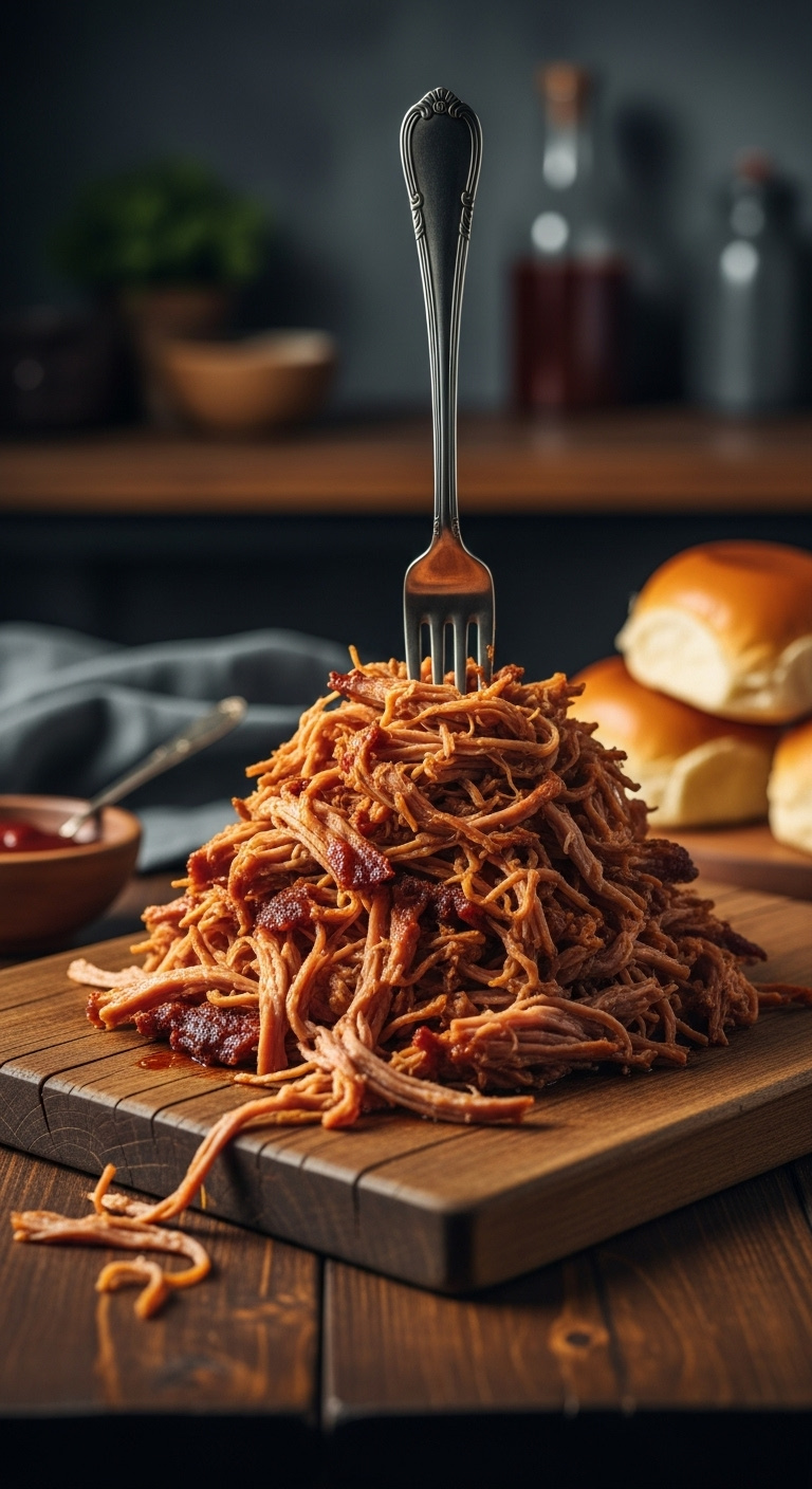 Photorealistic Sweet Barbecue Pulled Pork On A Rustic Wooden Cutting Board With A Fork Bbq Sauce And Slider Buns In A Cozy Setting