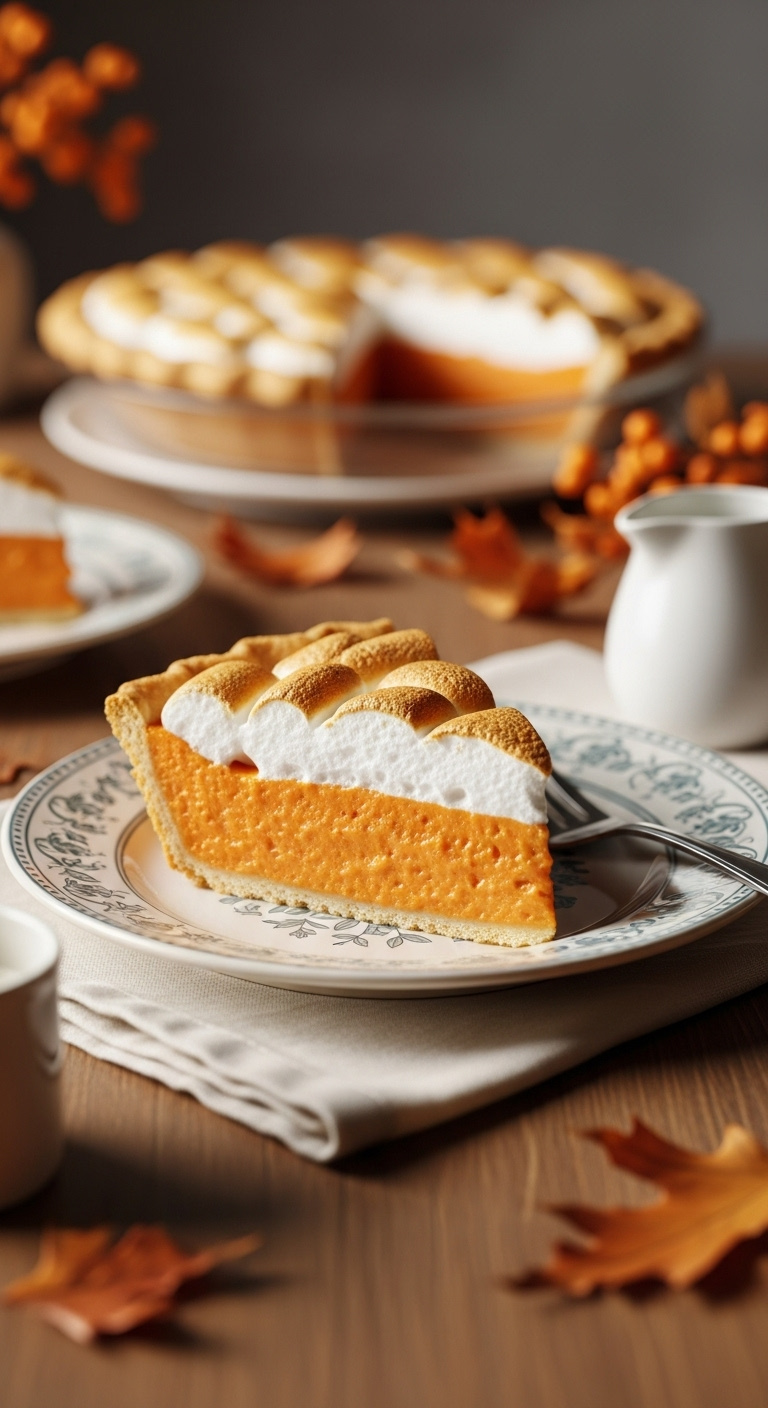 Photorealistic Sweet Potato Pie Slice With Toasted Marshmallow Topping On Patterned Plate Linen Napkin Wooden Table Soft Natural Light